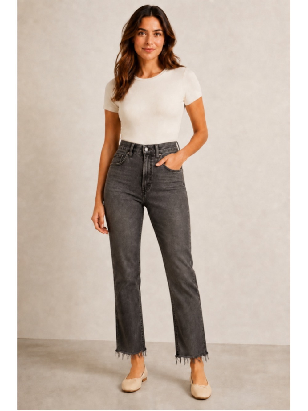 Everlane Women’s 27 Charcoal Gray High-Waisted Ankle Jeans Stretch Raw Hem